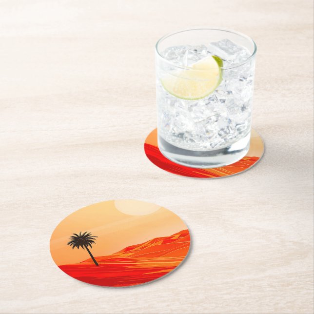 Minimalist Summer Desert Oasis  Round Paper Coaster (Insitu)