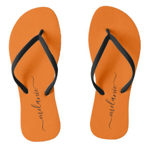 Minimalist Sunburst Orange Custom Script Name Flip Flops