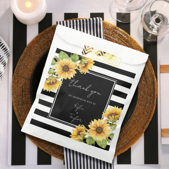 Minimalist Sunflower Black White Stripe Wedding Favour Bags (Creator Uploaded)