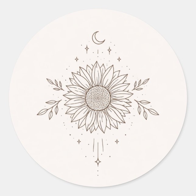 Minimalist Sunflower & Moon Design Classic Round Sticker (Front)