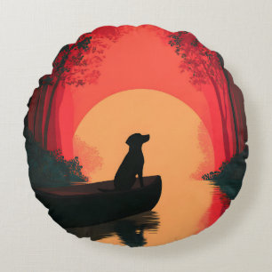 Minimalist Sunset Black Labrador Dog Round Cushion