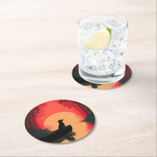 Minimalist Sunset Black Labrador Dog Round Paper Coaster