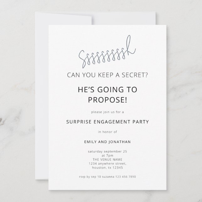 Minimalist Surprise Black White Engagement Party Invitation (Front)