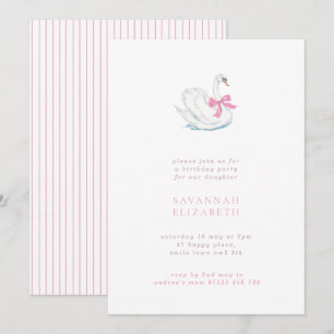 Minimalist Swan and Pink Bow Girls Birthday Party Invitation