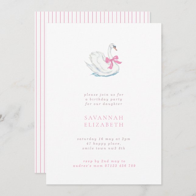 Minimalist Swan and Pink Bow Girls Birthday Party Invitation (Front/Back)