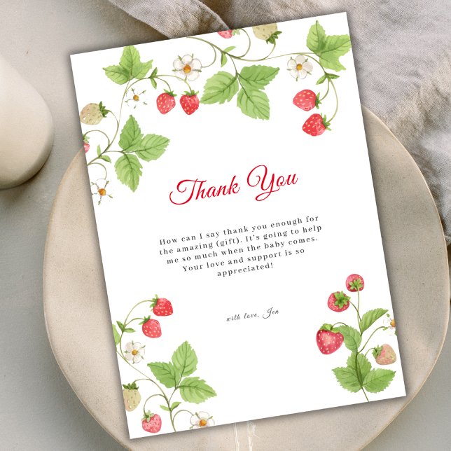 Minimalist Sweet Greenery Strawberry Baby Shower Thank You Card (Minimalist Sweet Greenery Strawberry Baby Shower Thank You Card)