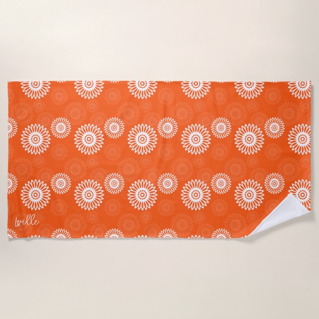 Minimalist tangerine orange daisy floral Name  Beach Towel (Front)