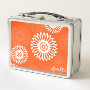 Minimalist tangerine orange daisy floral Name  Metal Lunch Box