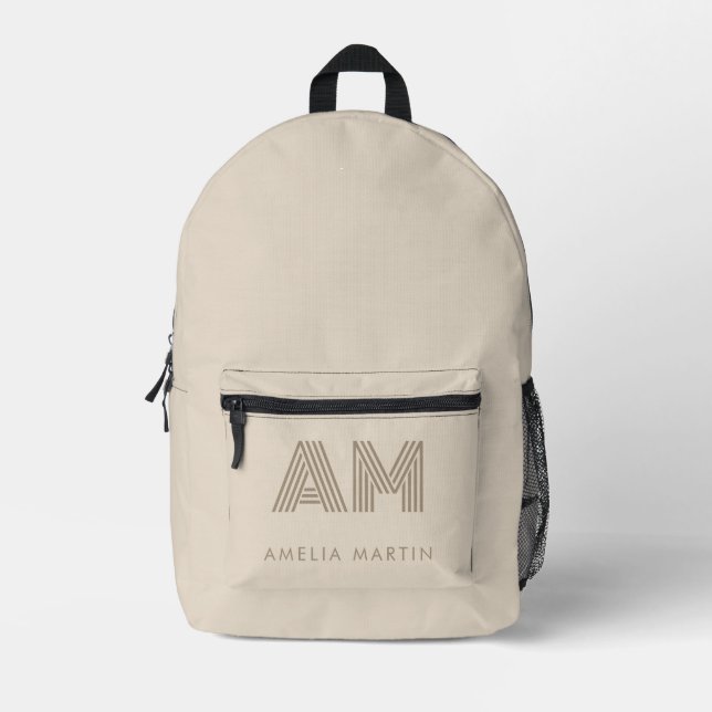 Minimalist Taupe Beige Geometric Custom Monogram Printed Backpack (Front)