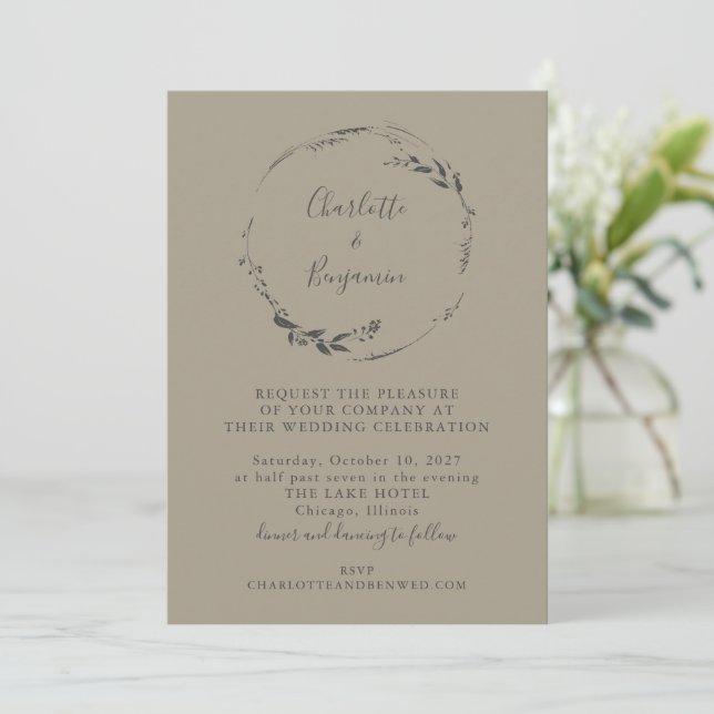 Minimalist Taupe Grey Floral Wreath Script Wedding Invitation (Standing Front)