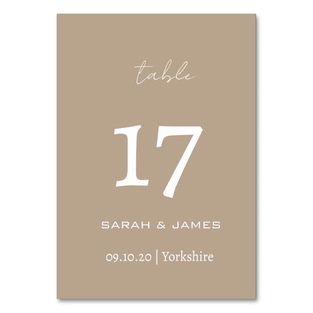 Minimalist Taupe Script Wedding Personalised   Table Number (Front)
