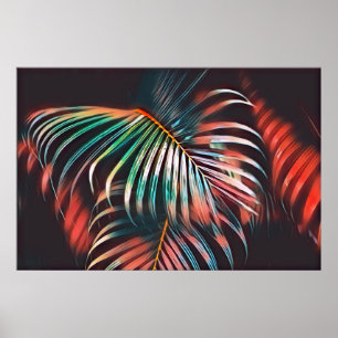 Minimalist Teal and Coral Tropical Palm Leaves Poster