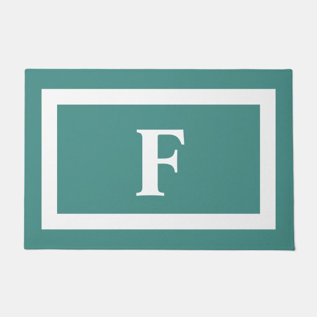 Minimalist Teal and White Family Monogram Outdoor Doormat (Front)