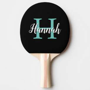 Minimalist Teal Black Script Monogram Name Ping Pong Paddle