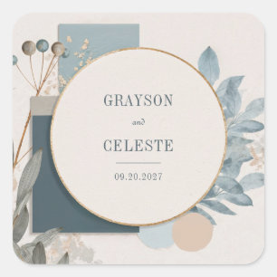 Minimalist Teal Blue Gold Circle Geometric Wedding Square Sticker