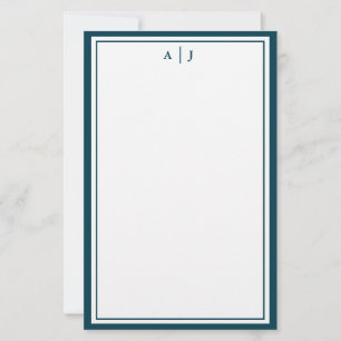 Minimalist Teal Blue Two Border Monogram Stationery