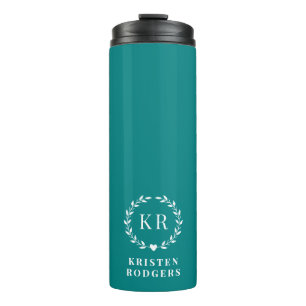 Minimalist Teal Laurel Wreath Crest Monogram Thermal Tumbler