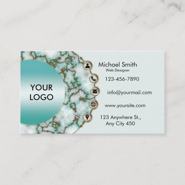 Minimalist Teal Marble Gold Glitter Professional  Business Card (Front)