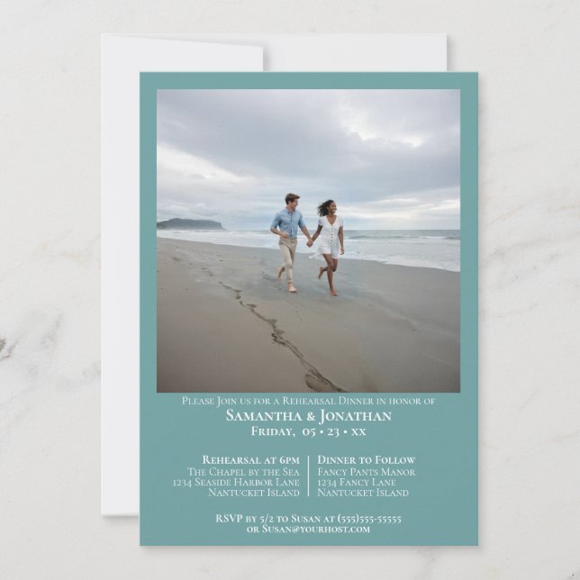Minimalist Teal Photo Wedding Rehearsal Dinner Invitation (Front)