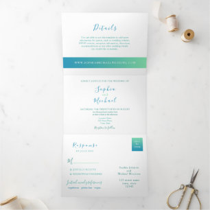 Minimalist Teal Photo Wedding Tri-Fold Invitation