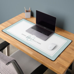 Minimalist Teal Script Two Border Monogram Desk Mat