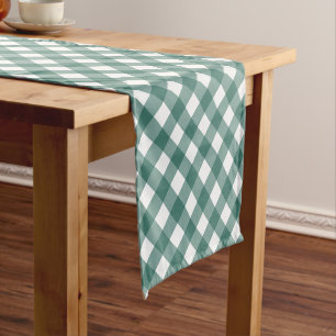 Minimalist Teal Shade Gingham Plaid Pattern Short Table Runner