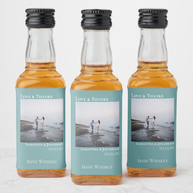 Minimalist Teal Wedding Photo Love & Thanks Mini Liquor Bottle Label (Bottles)