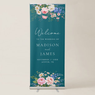 Minimalist Teal Wildflower Floral Welcome Wedding Retractable Banner