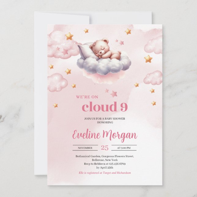 Minimalist teddy bear cloud nine girl baby shower invitation (Front)