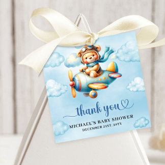 Minimalist Teddy Bear Pilot Airplane Blue Brown Favour Tags