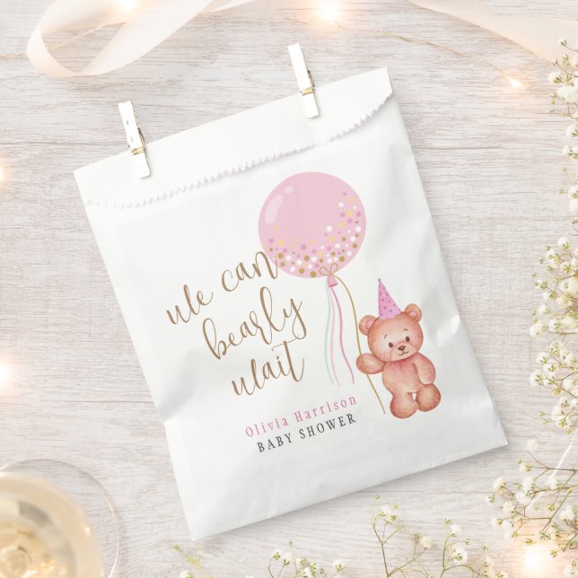 Minimalist Teddy Bear Pink Balloon Baby Shower Favour Bags (Clipped)