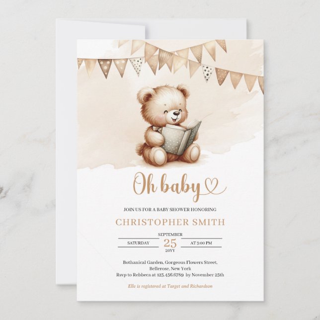 Minimalist teddy bear reading a book bunting flags invitation (Front)