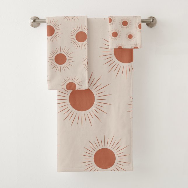 Minimalist Terracotta Abstract Boho sun pattern Bath Towel Set (Insitu)