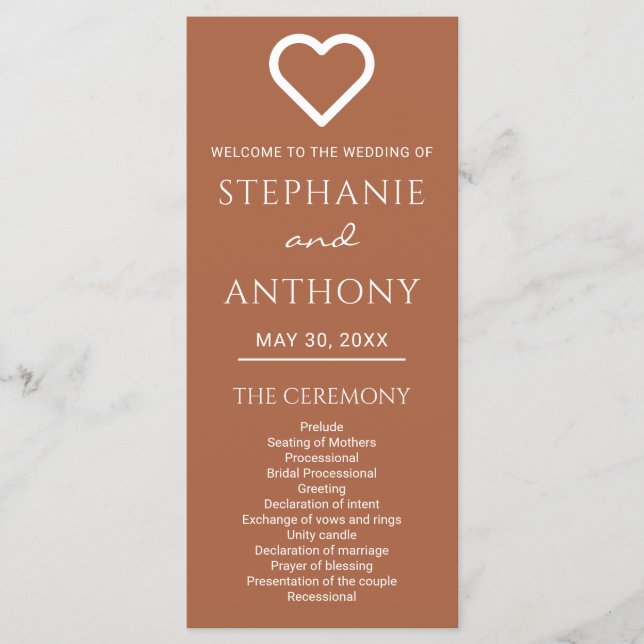 Minimalist Terracotta And White Heart Wedding  Programme (Front)