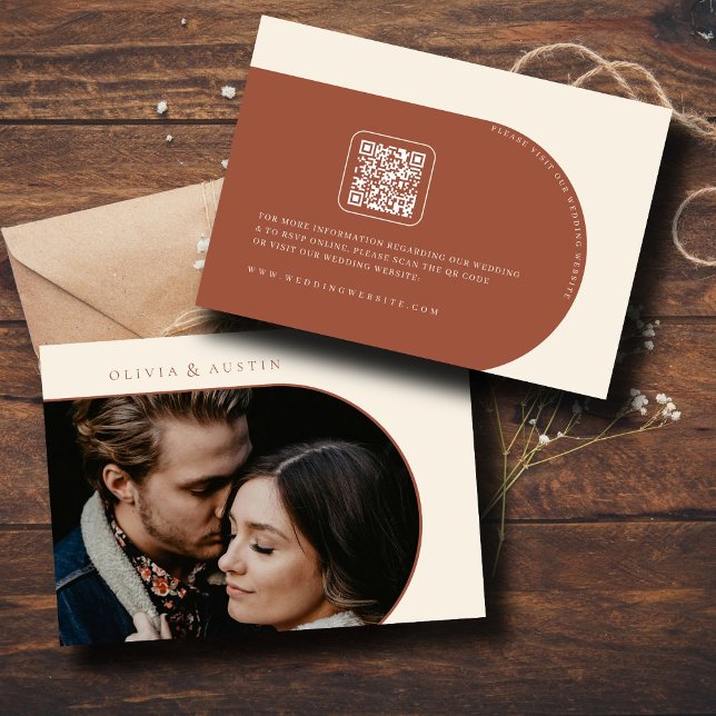 Minimalist Terracotta Arch Photo QR & Wedd Website Enclosure Card (Creator Uploaded)