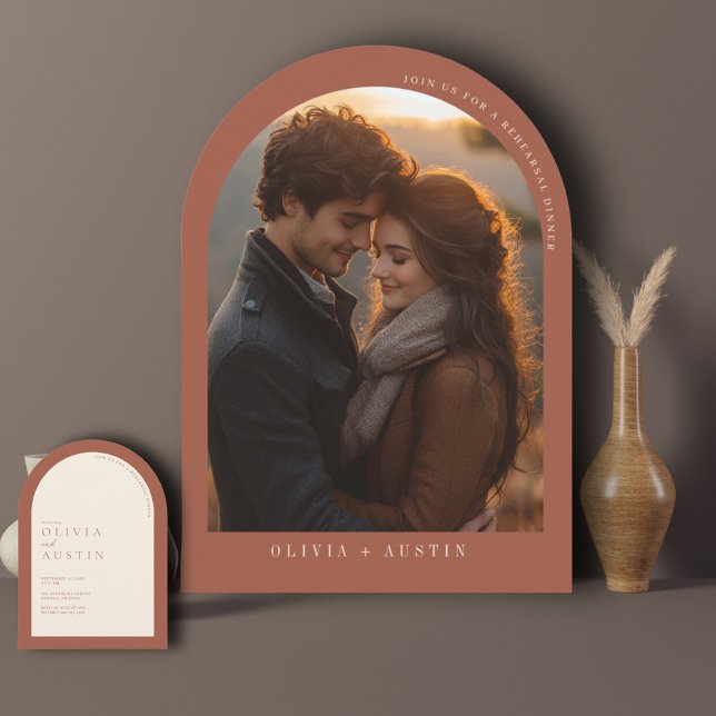 Minimalist Terracotta Arch Photo Rehearsal Dinner Invitation (Creator Uploaded)
