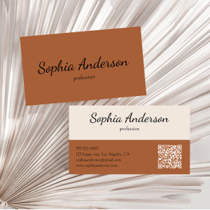 Minimalist Terracotta Brown and Cream Qr Code Business Card