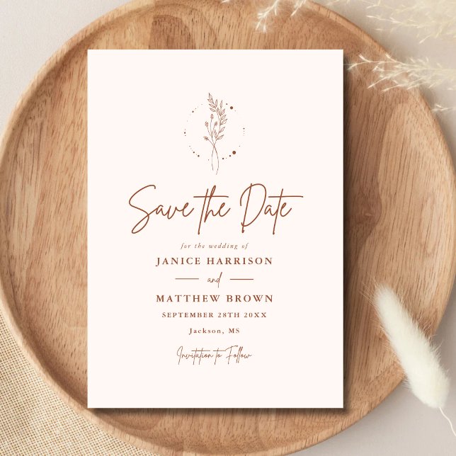 Minimalist Terracotta Burnt Orange Boho Wedding Save The Date (Minimalist terracotta boho save the date sets a warm tone and shares your special day beautifully)