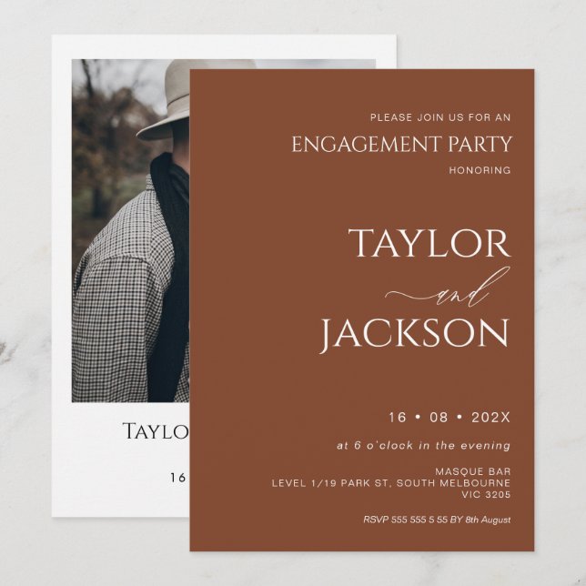 Minimalist Terracotta Calligraphy Engagement Party Invitation (Front/Back)