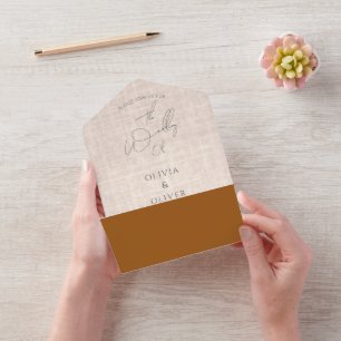 Minimalist terracotta faux linen QR code wedding All In One Invitation