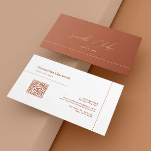 Minimalist Terracotta Line and Script QR Code Business Card
