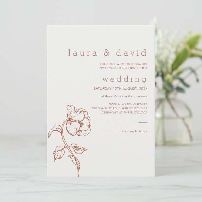 Minimalist Terracotta Line Drawn Floral Wedding Invitation (Standing Front)