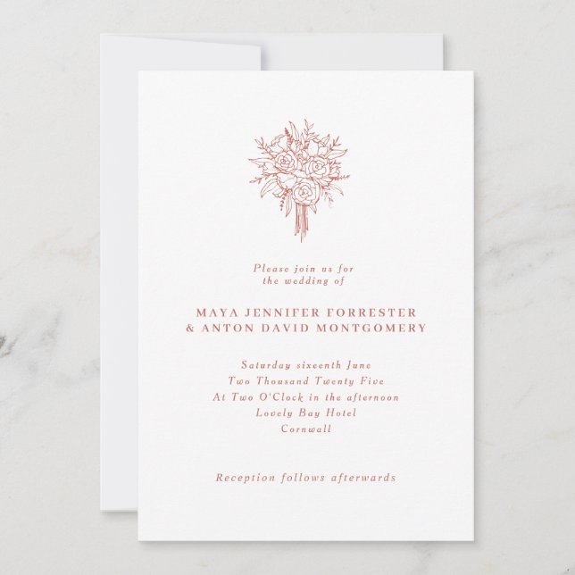 Minimalist Terracotta Line Drawn Floral Wedding Invitation (Front)