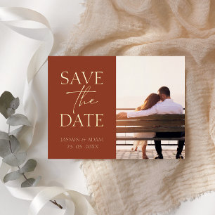 Minimalist Terracotta Photo Wedding Save the Date Foil Holiday Postcard