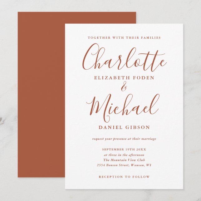 Minimalist Terracotta Script Wedding Invitation (Front/Back)