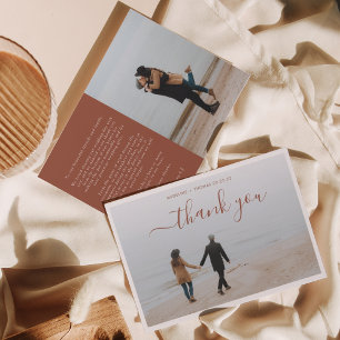 Minimalist Terracotta Script with 2 photo wedding Thank You Card