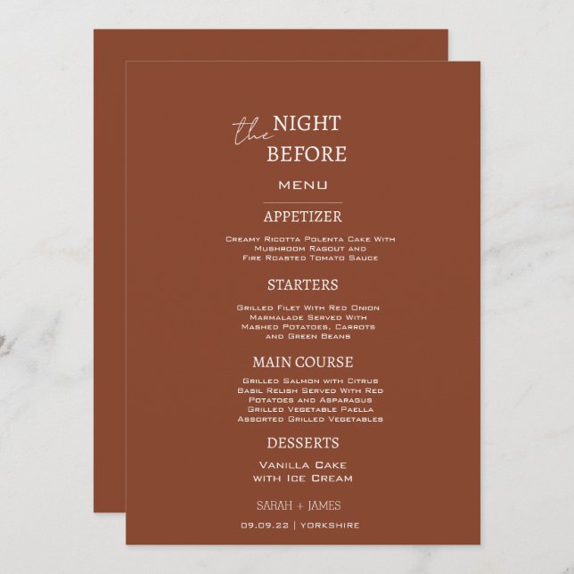 Minimalist Terracotta the Night Before Wedding  Menu (Front/Back)