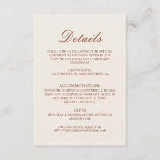 Minimalist Terracotta Wedding Details Enclosure Card