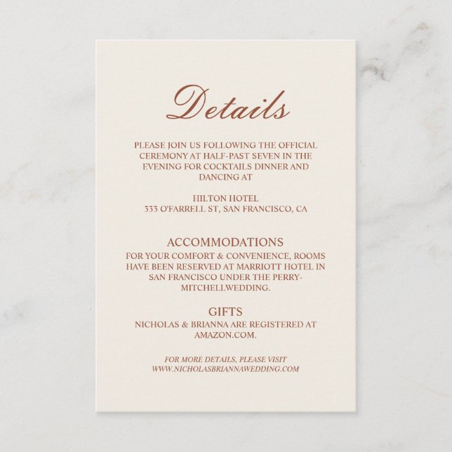 Minimalist Terracotta Wedding Details Enclosure Card (Front)