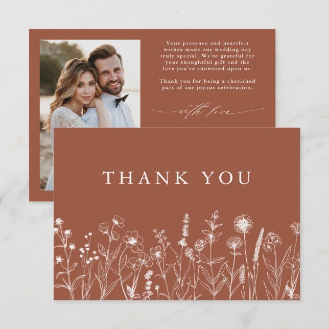 Minimalist Terracotta Wildflower Photo Wedding     Thank You Card (Front/Back)